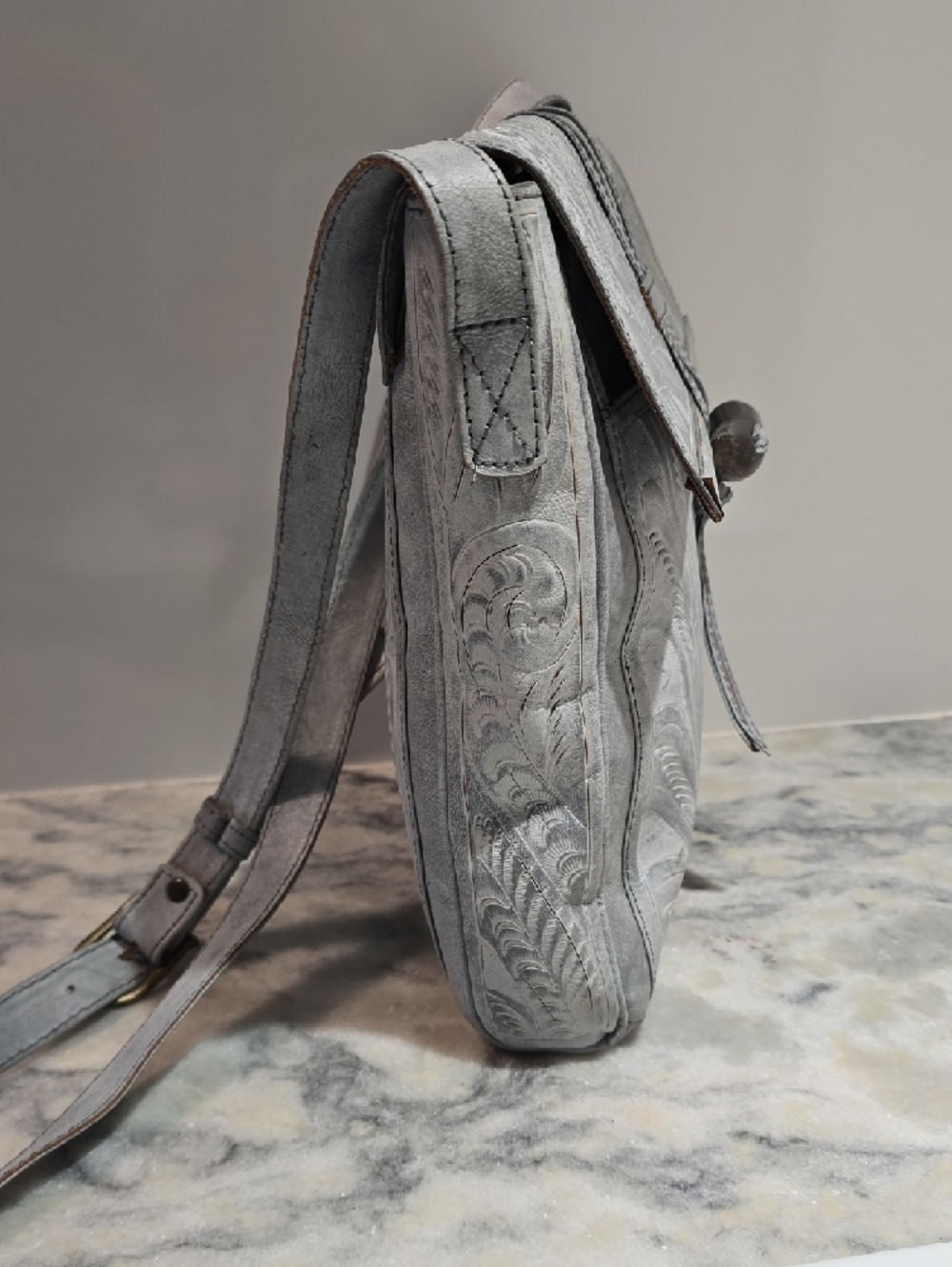Women's Embossed Leather Crossbody Bag in Light Gray - Picture 7 of 17